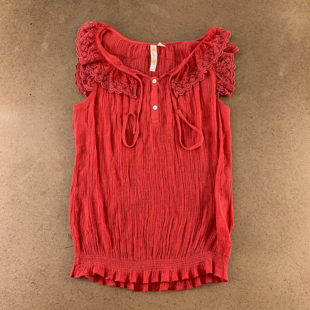Adiva Women's Size Large Dark Coral Guaze Sleeveless Crochet Trim Blouse New